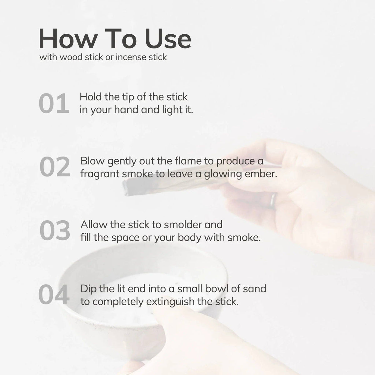 Four-step how-to-use guide for lighting, smouldering and extinguishing an incense stick in a bowl of sand