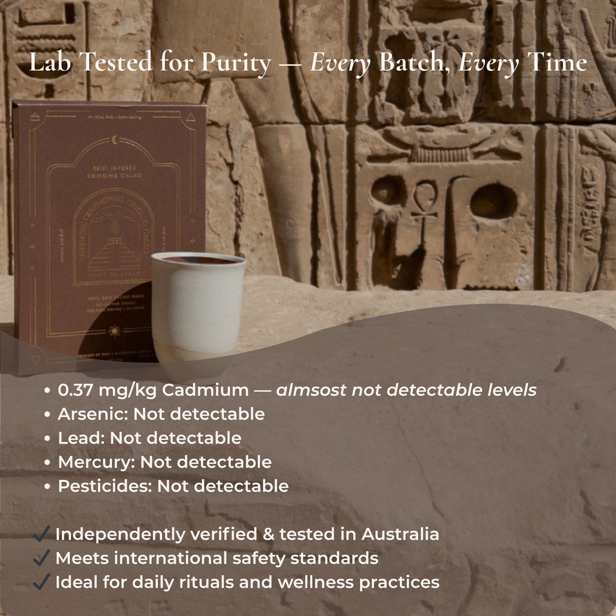 Product packaging with a cup of coffee against an ancient Egyptian temple background, featuring safety certification text.