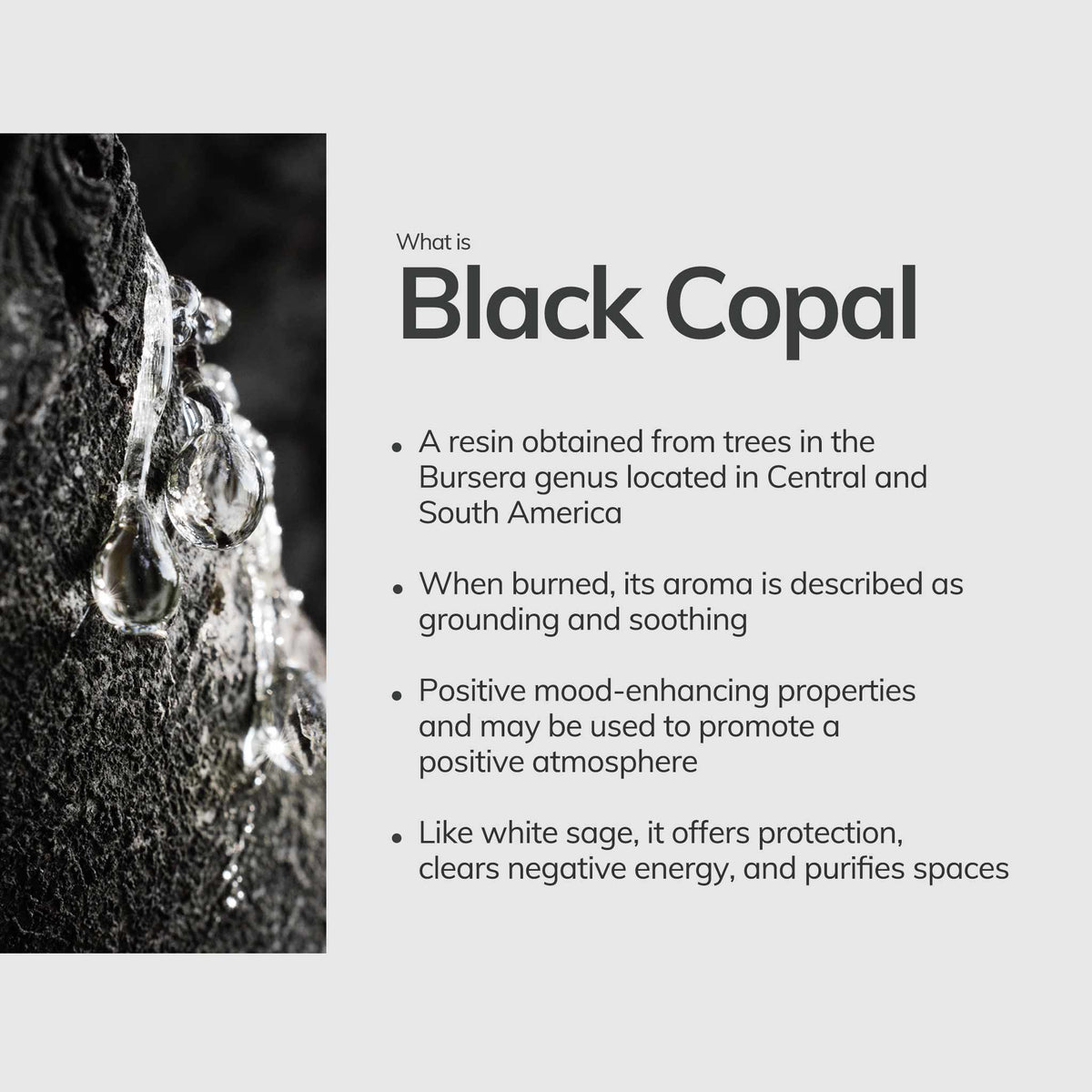 Black Copal resin with text on a light gray background