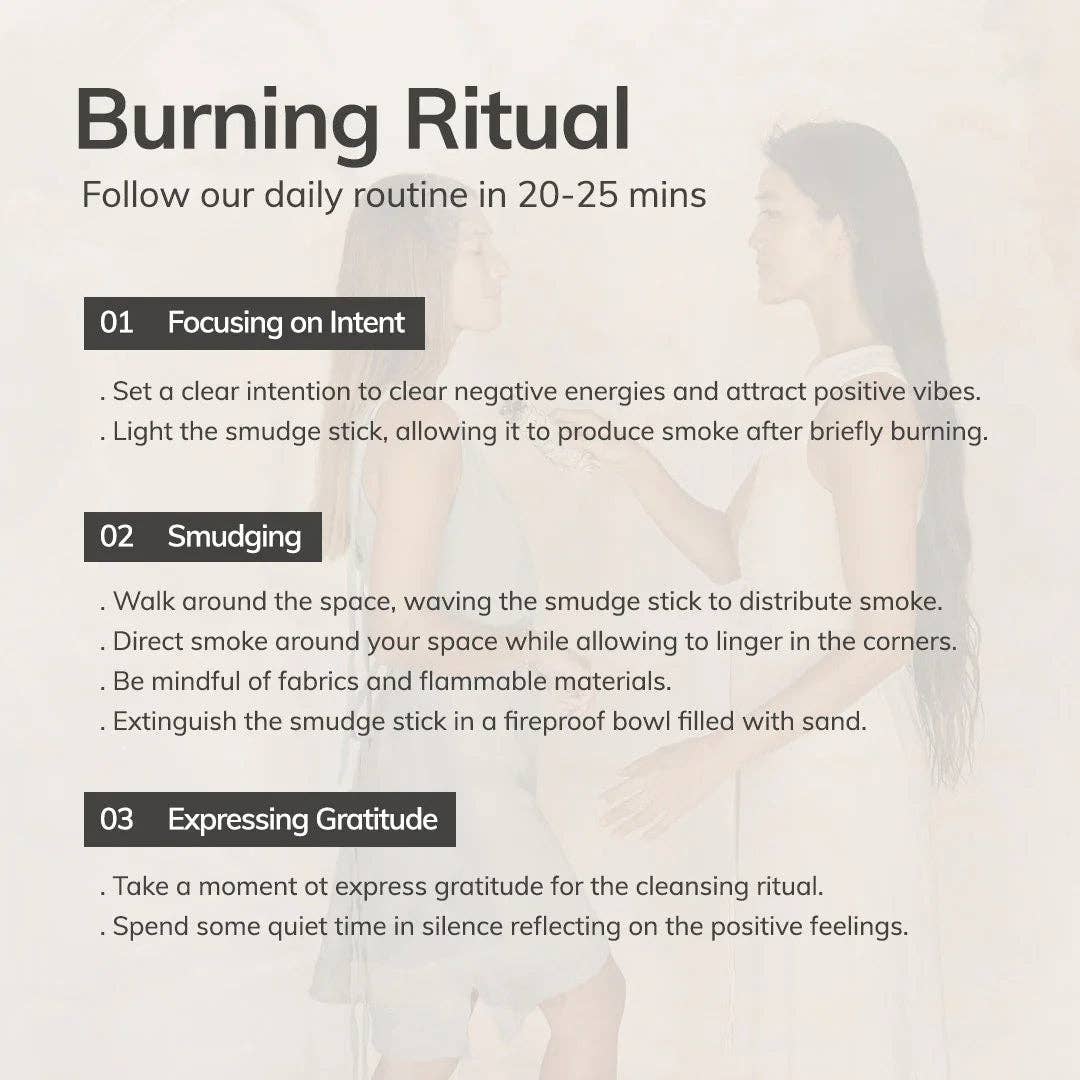 Three-step burning ritual guide covering setting an intention, smudging the space and expressing gratitude