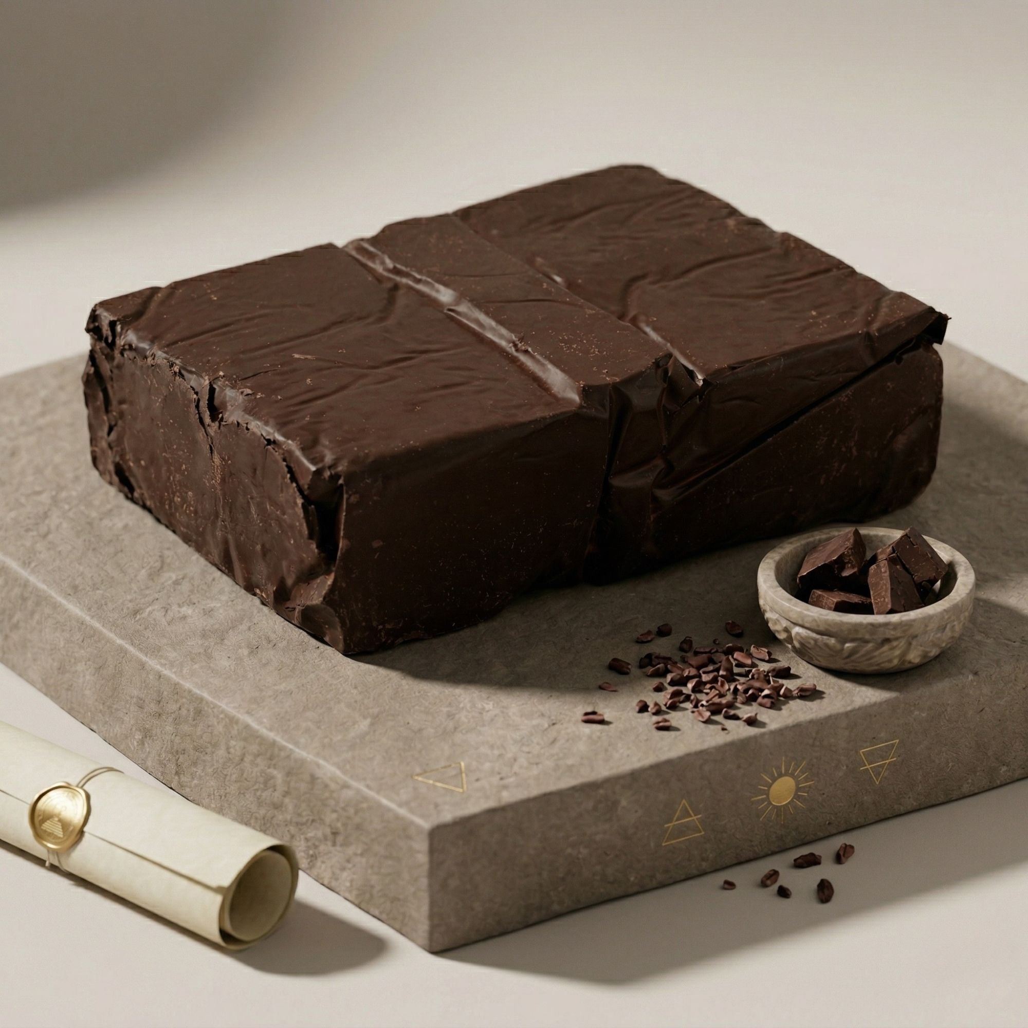 Block of dark chocolate on a textured surface with a small bowl of chocolate pieces and a rolled-up paper.