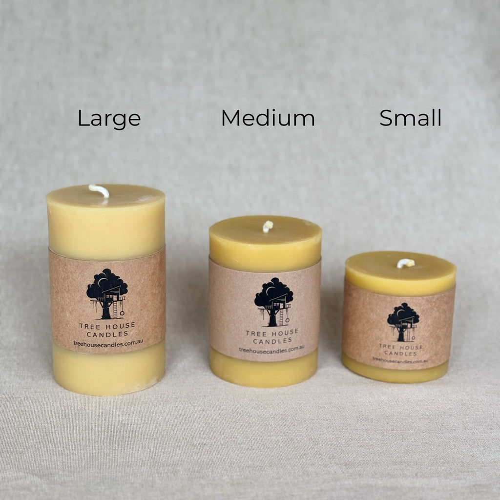 100% beeswax candle with cotton wick all natural toxin free candle long burn 90 hours. a picture comparing the size difference between pillar candles all 7.5cm in diameter, and length small 7.5cm, medium 9cm and large 12cm in height.