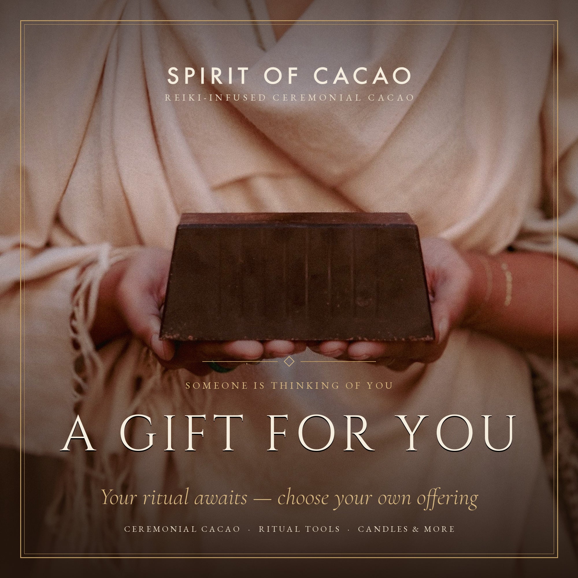 Ceremonial cacao bar held by hands with 'Spirit of Cacao' branding.