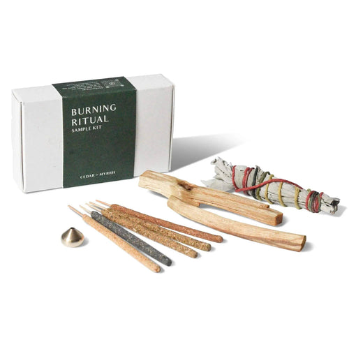 Burning Ritual Sample Kit box with white sage bundle, palo santo sticks, incense sticks and brass holder