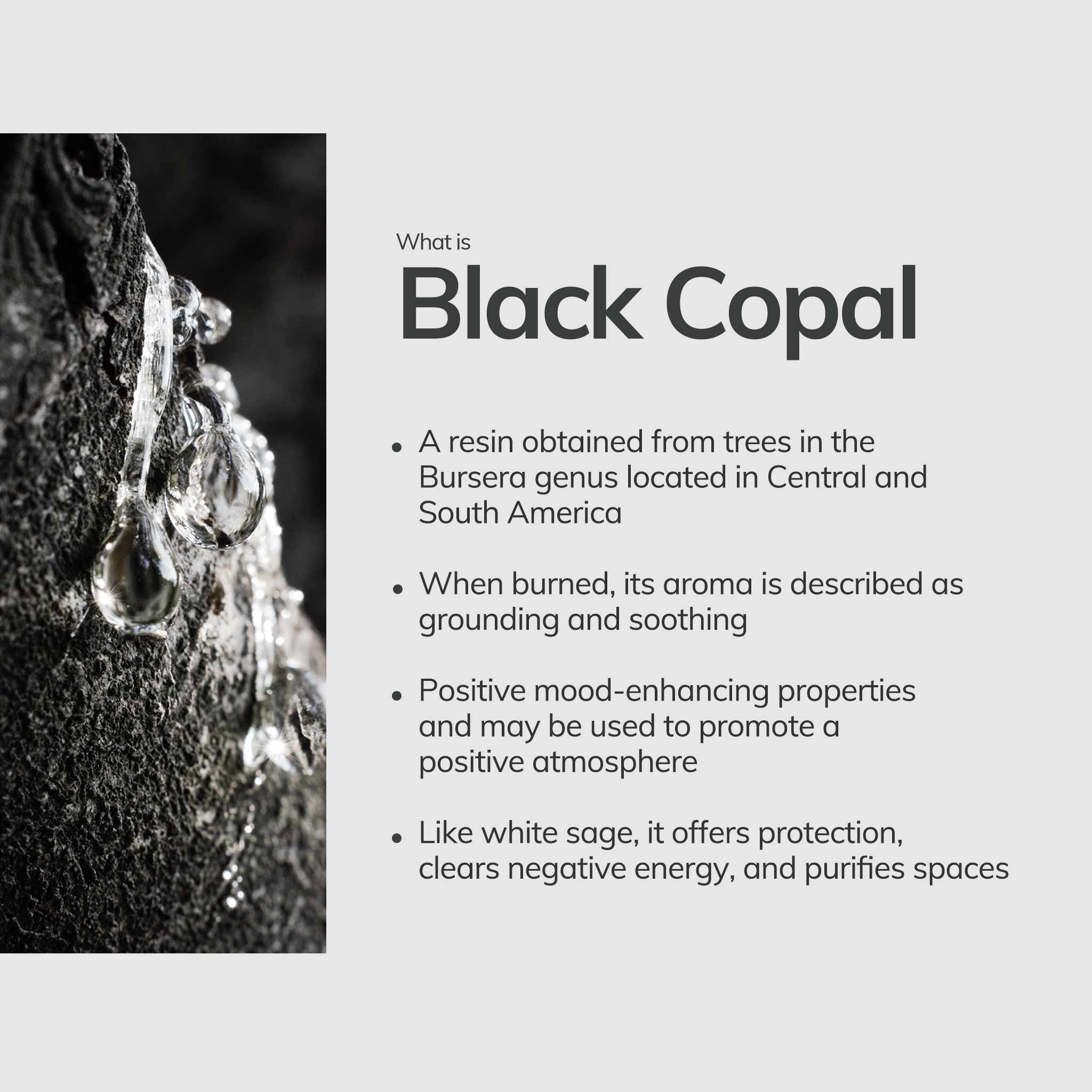 Black Copal resin with text on a light gray background